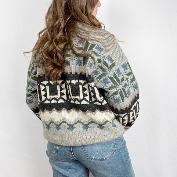 Vintage Nordic Fair Isle Ski Sweater Knit 100% Wool Slouchy Oversized Grandpa - Picture 2 of 7